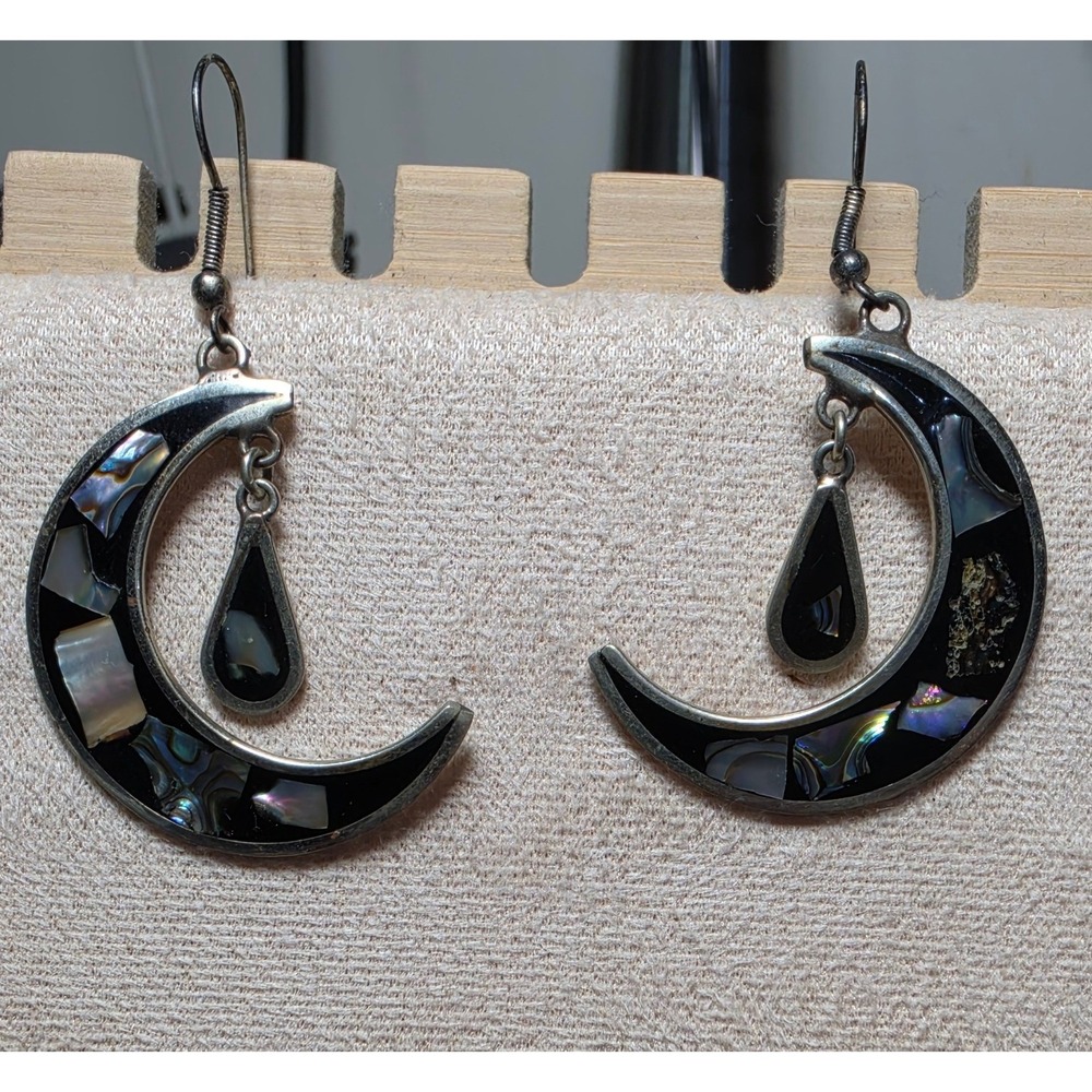 Vintage Alpaca Mexico Crescent Moon Abalone Onyx Inlay Dangle Earrings